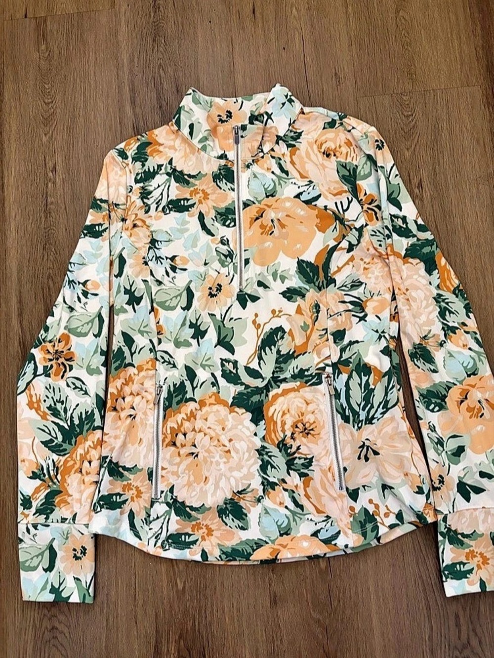 Laura Ashley Floral Zip Jacket in Green & Orange Size Medium